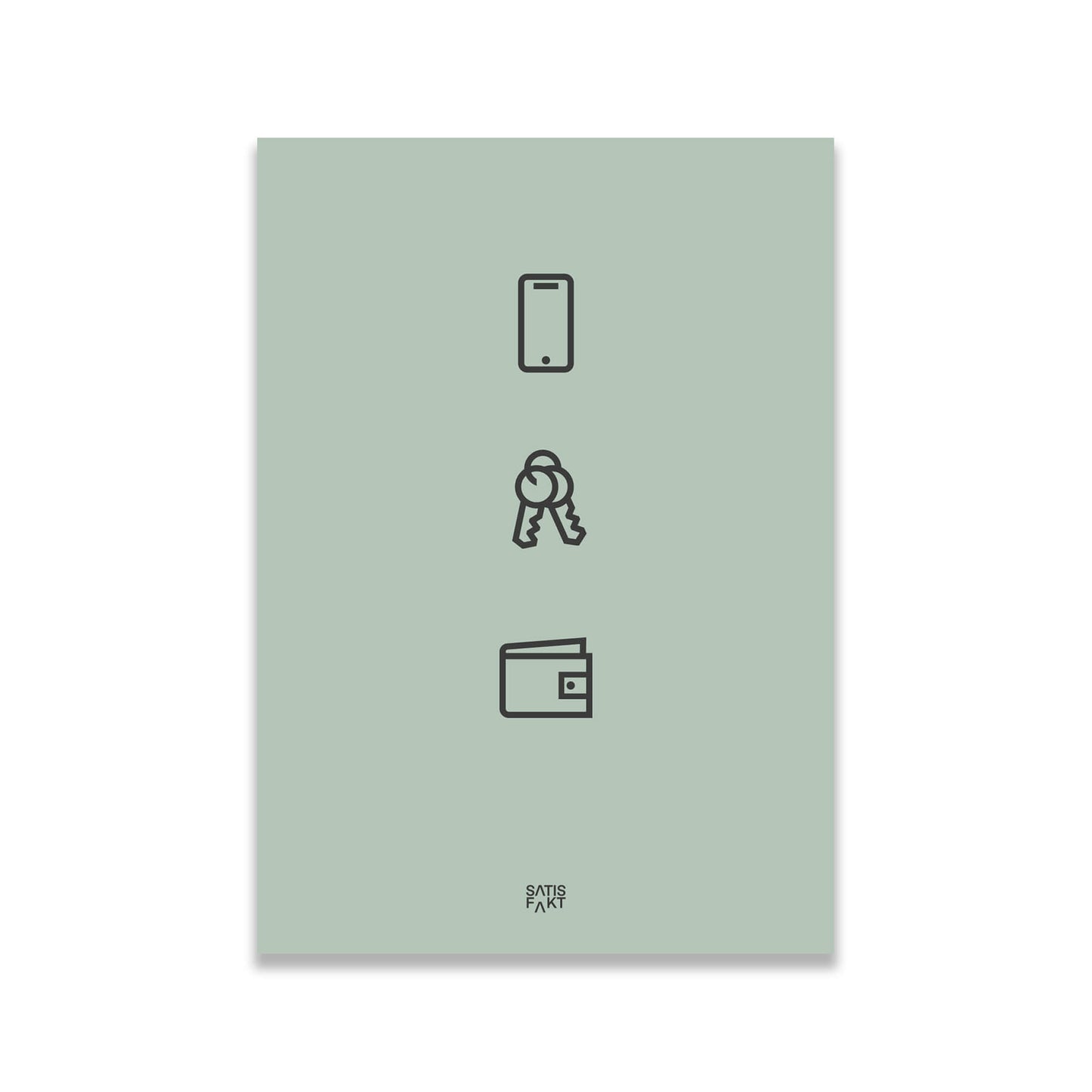Graugrünes Poster Fidelis in der Frontalansicht vor weißem Hintergrund mit den drei Icons Handy, Schlüssel und Portemonnaie.