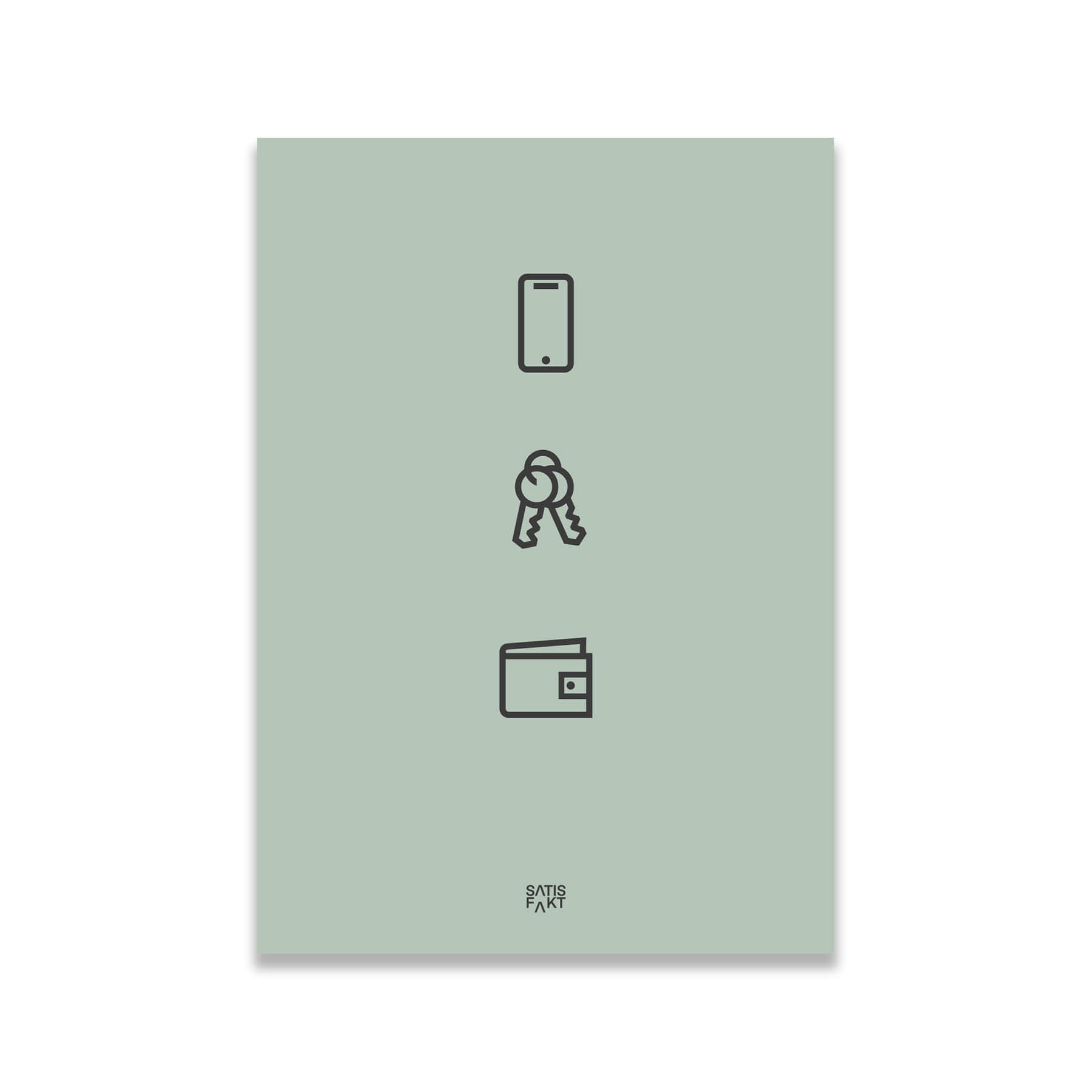 Graugrünes Poster Fidelis in der Frontalansicht vor weißem Hintergrund mit den drei Icons Handy, Schlüssel und Portemonnaie.
