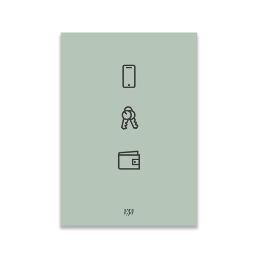 Graugrünes Poster Fidelis in der Frontalansicht vor weißem Hintergrund mit den drei Icons Handy, Schlüssel und Portemonnaie.