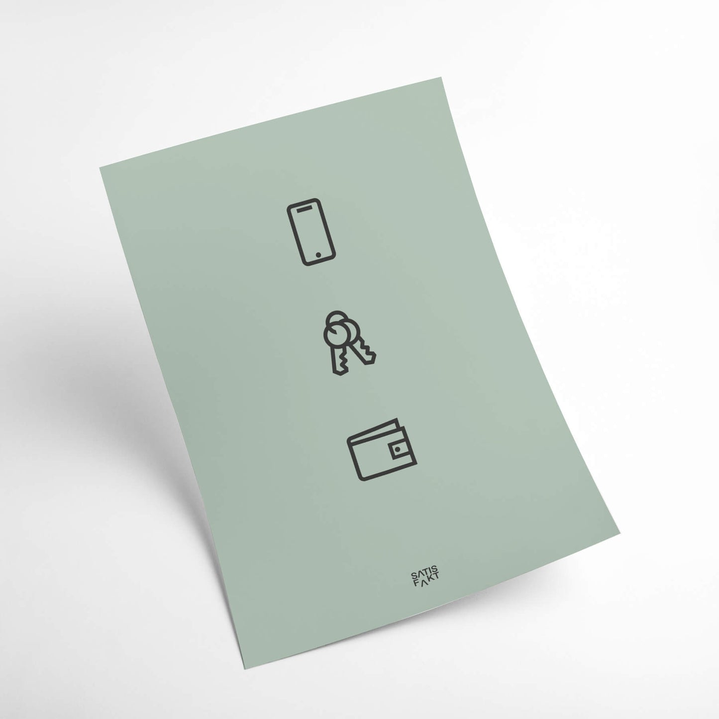 Graugrünes Poster Fidelis in der Seitenansicht vor weißem Hintergrund mit den drei Icons Handy, Schlüssel und Portemonnaie.