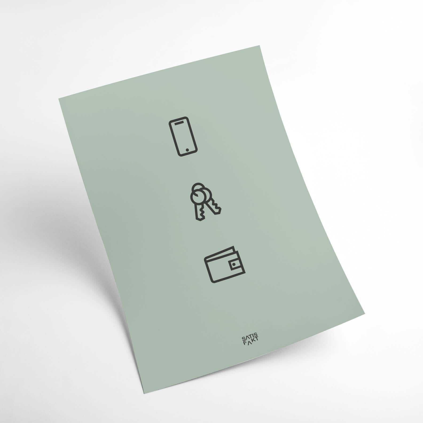 Graugrünes Poster Fidelis in der Seitenansicht vor weißem Hintergrund mit den drei Icons Handy, Schlüssel und Portemonnaie.