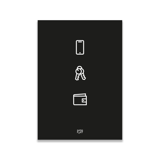 Schwares Poster Fidelis in der Frontalansicht vor weißem Hintergrund mit den drei Icons Handy, Schlüssel und Portemonnaie.