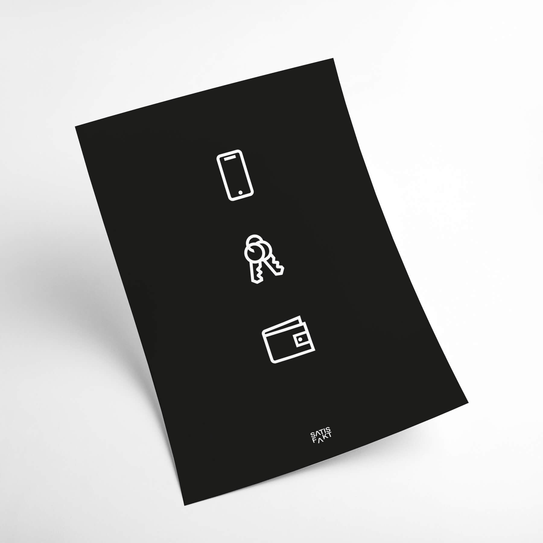 Schwarzes Poster Fidelis in der Seitenansicht vor weißem Hintergrund mit den drei Icons Handy, Schlüssel und Portemonnaie.